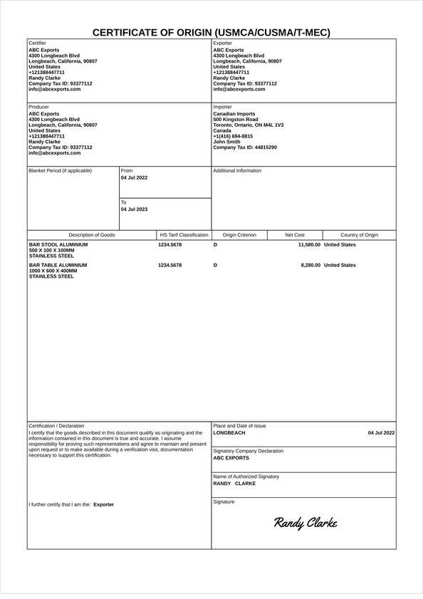 USMCA certificate of origin template